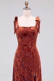 A-Line Square Neck Dark Green Floral Velvet Long Holiday Party Dress with Slit