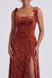 A-Line Square Neck Dark Green Floral Velvet Long Holiday Party Dress with Slit