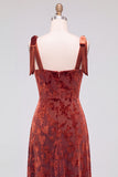 A-Line Square Neck Dark Green Floral Velvet Long Holiday Party Dress with Slit