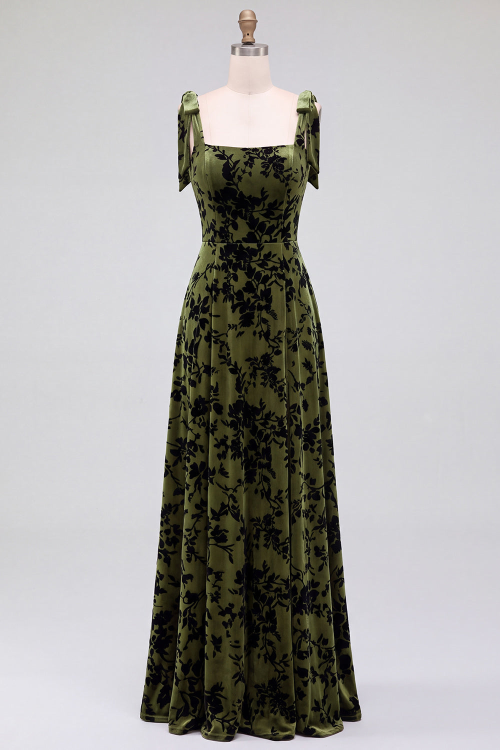 A-Line Square Neck Dark Green Floral Velvet Long Holiday Party Dress with Slit