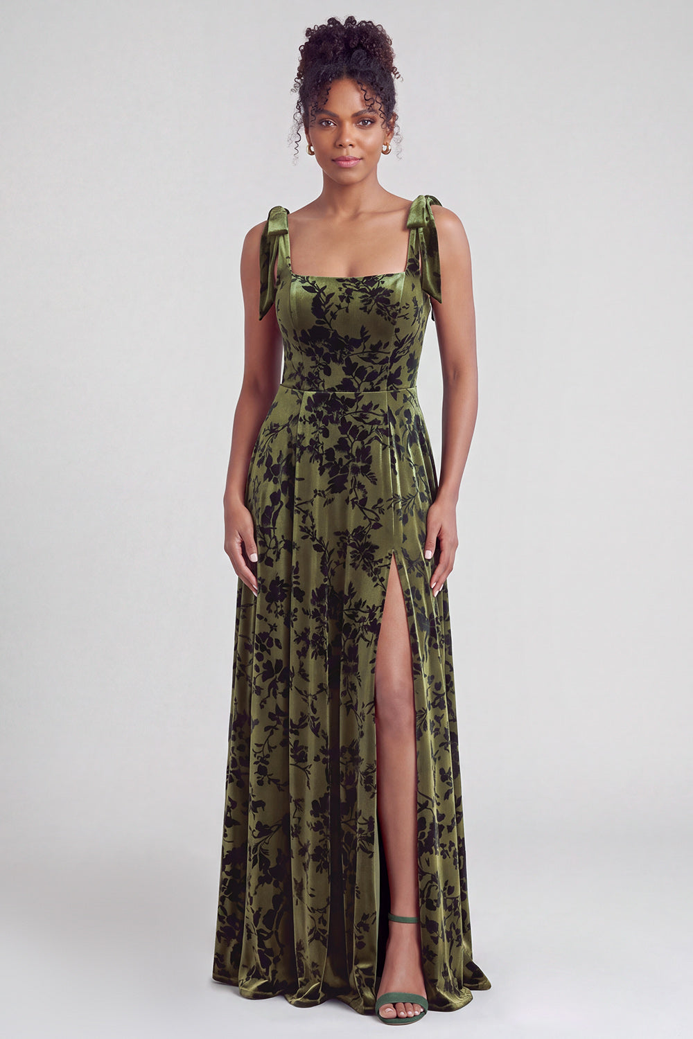 A-Line Square Neck Dark Green Floral Velvet Long Holiday Party Dress with Slit