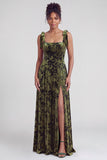A-Line Square Neck Dark Green Floral Velvet Long Holiday Party Dress with Slit
