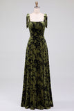 A-Line Square Neck Dark Green Floral Velvet Long Holiday Party Dress with Slit