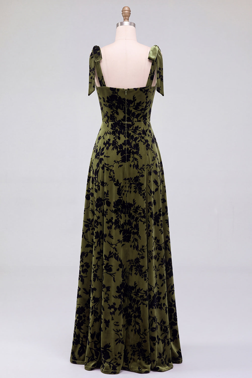 A-Line Square Neck Dark Green Floral Velvet Long Holiday Party Dress with Slit