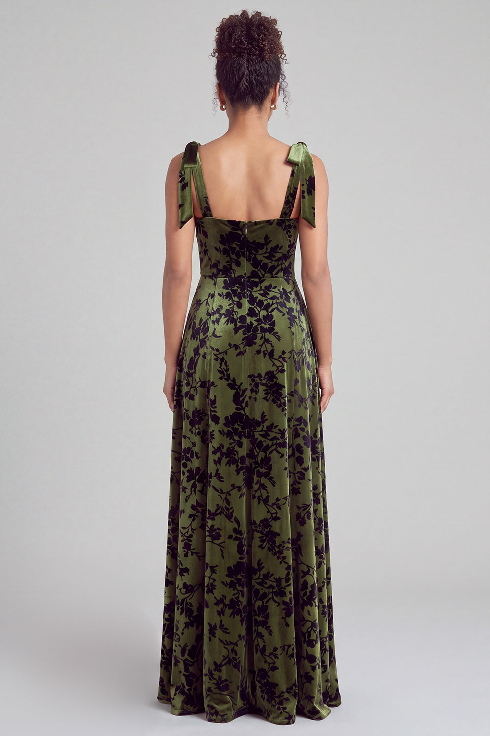 A-Line Square Neck Dark Green Floral Velvet Long Holiday Party Dress with Slit