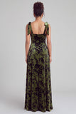 A-Line Square Neck Dark Green Floral Velvet Long Holiday Party Dress with Slit