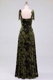 A-Line Square Neck Dark Green Floral Velvet Long Holiday Party Dress with Slit