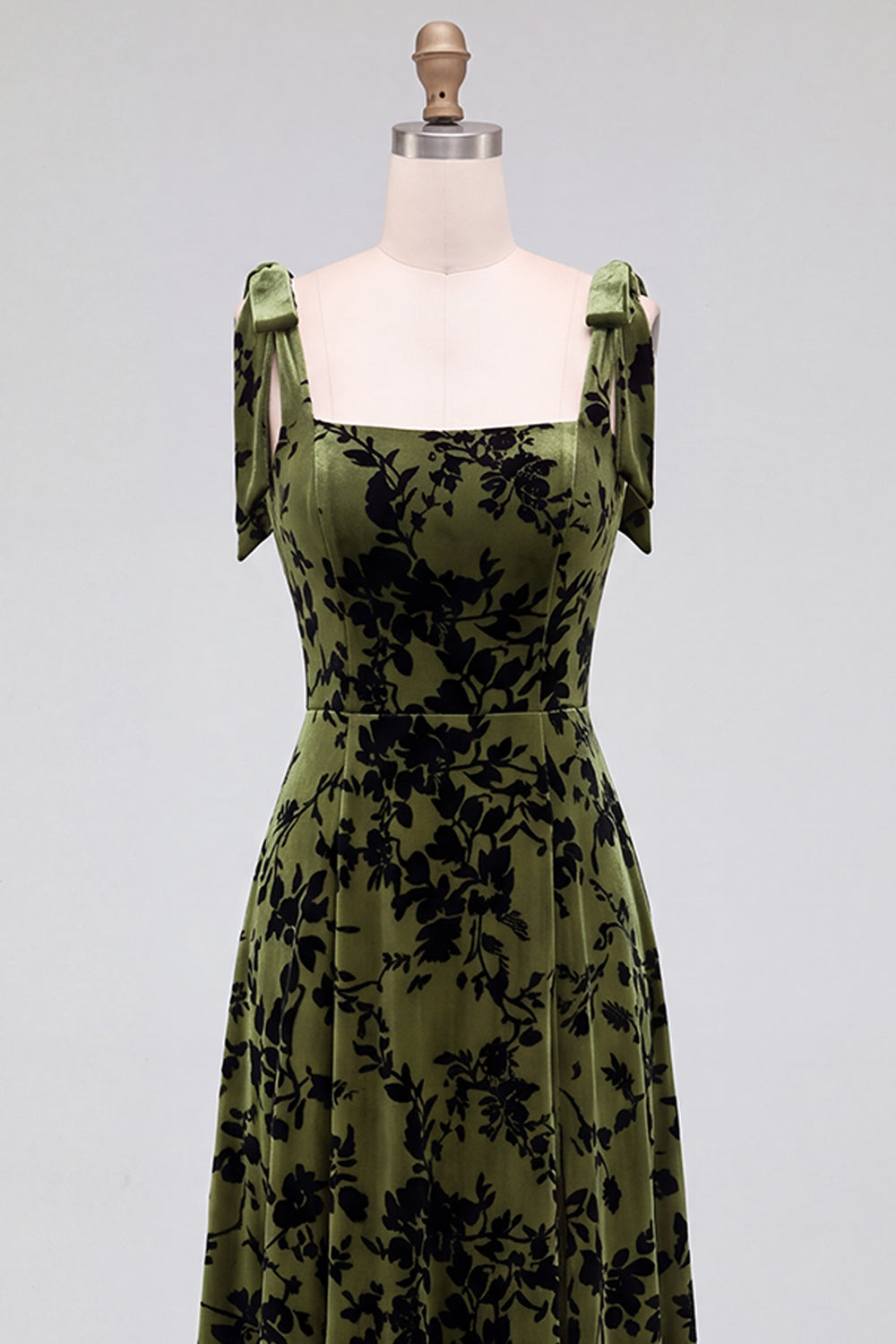 A-Line Square Neck Dark Green Floral Velvet Long Holiday Party Dress with Slit