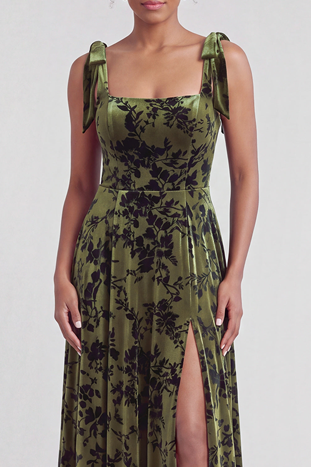 A-Line Square Neck Dark Green Floral Velvet Long Holiday Party Dress with Slit