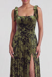 A-Line Square Neck Dark Green Floral Velvet Long Holiday Party Dress with Slit