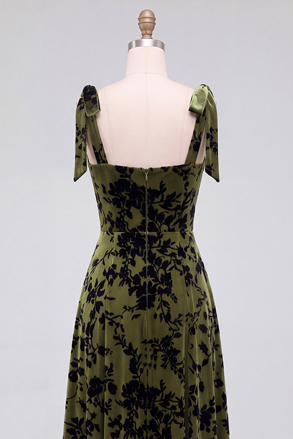 A-Line Square Neck Dark Green Floral Velvet Long Holiday Party Dress with Slit
