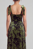 A-Line Square Neck Dark Green Floral Velvet Long Holiday Party Dress with Slit