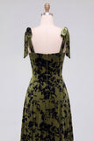A-Line Square Neck Dark Green Floral Velvet Long Holiday Party Dress with Slit