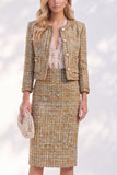 Golden Tweed 2 Piece Pencil Midi Pageant Interview Outfits