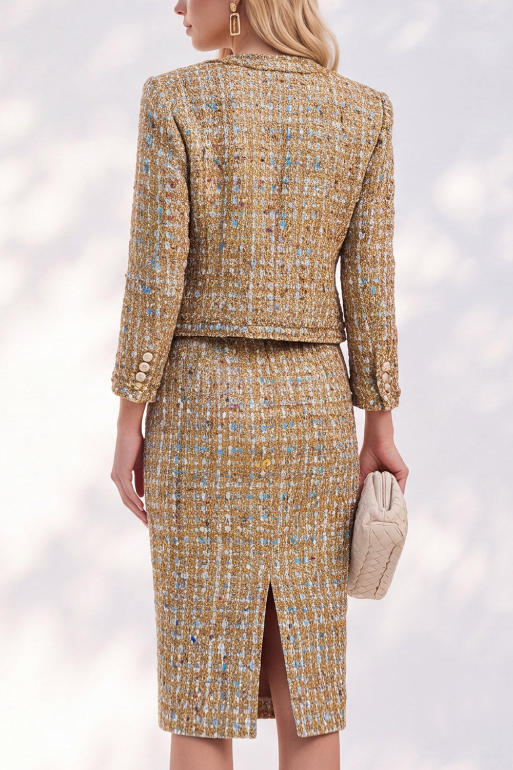 Golden Tweed 2 Piece Pencil Midi Pageant Interview Outfits