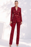 Sparkly Red Sequins Peak Lapel Double Breasted 2 Piece Women Suits