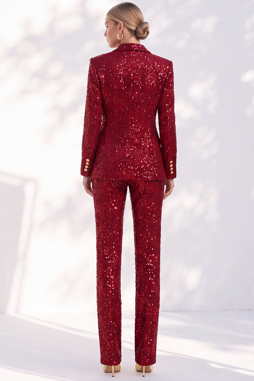Sparkly Red Sequins Peak Lapel Double Breasted 2 Piece Women Suits