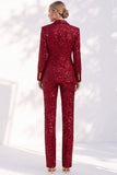 Sparkly Red Sequins Peak Lapel Double Breasted 2 Piece Women Suits