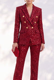 Sparkly Red Sequins Peak Lapel Double Breasted 2 Piece Women Suits