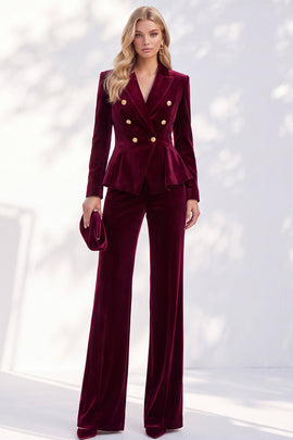 Burgundy Velvet Peak Lapel 2 Piece Slim Fit Ruffled Work Suits