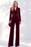 Burgundy Velvet Peak Lapel 2 Piece Slim Fit Ruffled Work Suits