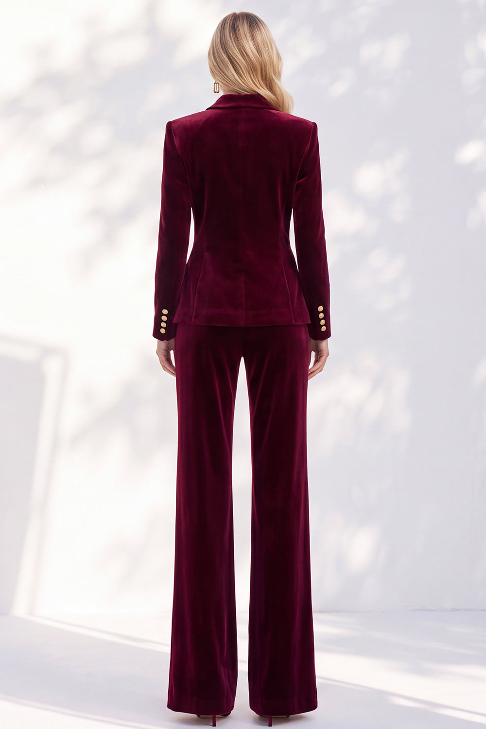 Burgundy Velvet Peak Lapel 2 Piece Slim Fit Ruffled Work Suits