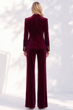 Burgundy Velvet Peak Lapel 2 Piece Slim Fit Ruffled Work Suits