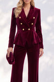 Burgundy Velvet Peak Lapel 2 Piece Slim Fit Ruffled Work Suits