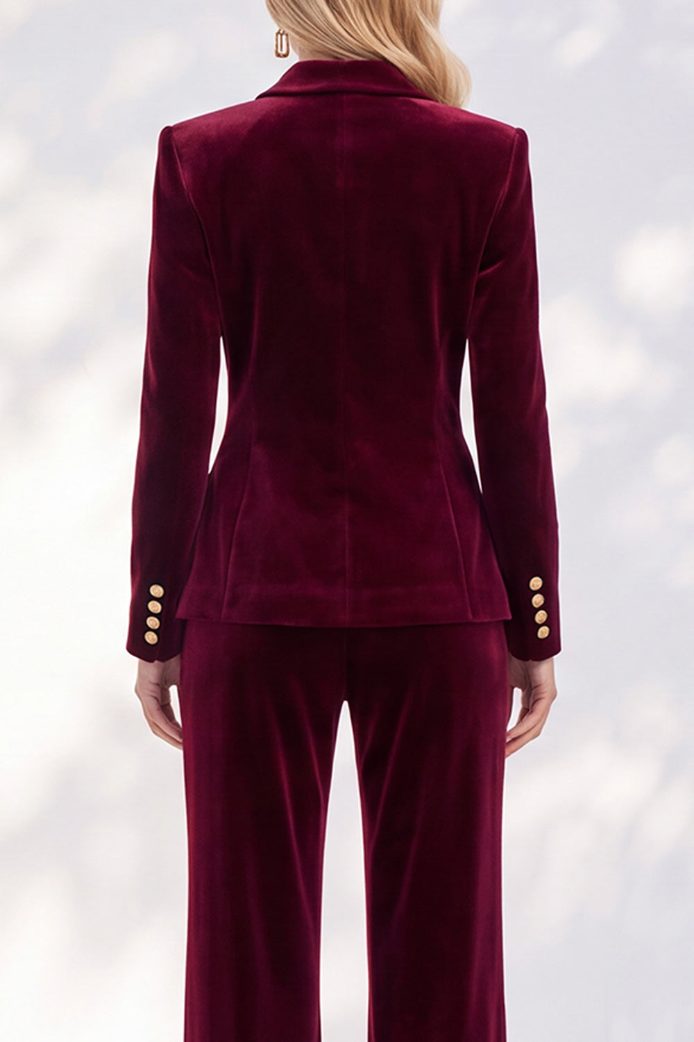 Burgundy Velvet Peak Lapel 2 Piece Slim Fit Ruffled Work Suits