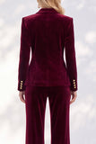 Burgundy Velvet Peak Lapel 2 Piece Slim Fit Ruffled Work Suits