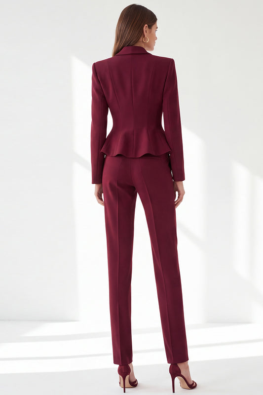 Burgundy Shawl Lapel 2 Piece Ruffled Slim Fit Work Suits with Pockets