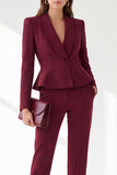 Burgundy Shawl Lapel 2 Piece Ruffled Slim Fit Work Suits with Pockets