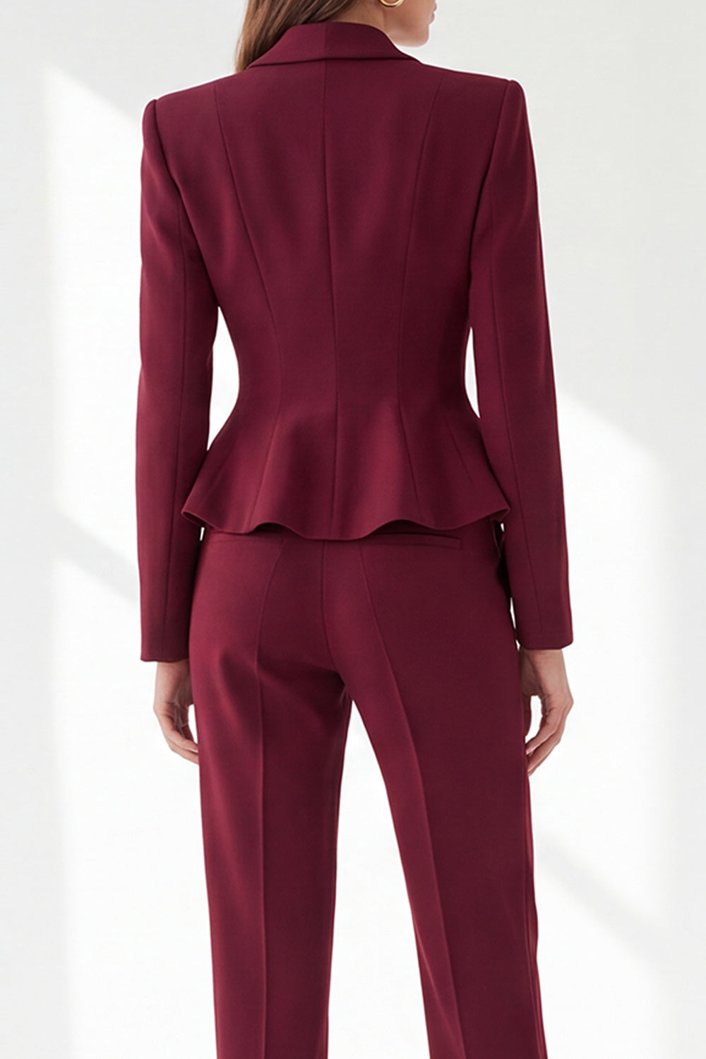 Burgundy Shawl Lapel 2 Piece Ruffled Slim Fit Work Suits with Pockets