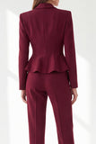 Burgundy Shawl Lapel 2 Piece Ruffled Slim Fit Work Suits with Pockets