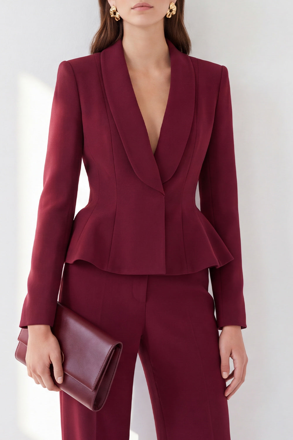 Burgundy Shawl Lapel 2 Piece Ruffled Slim Fit Work Suits with Pockets