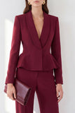 Burgundy Shawl Lapel 2 Piece Ruffled Slim Fit Work Suits with Pockets