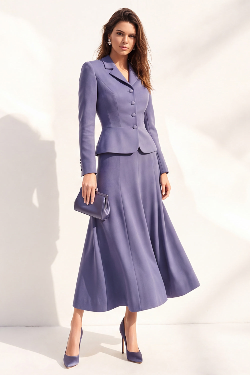 Purple 2 Piece Notched Lapel A Line Single Breasted Midi Work Dress