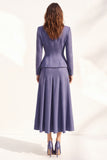 Purple 2 Piece Notched Lapel A Line Single Breasted Midi Work Dress