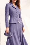 Purple 2 Piece Notched Lapel A Line Single Breasted Midi Work Dress