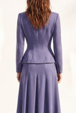 Purple 2 Piece Notched Lapel A Line Single Breasted Midi Work Dress