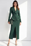 Dark Green 2 Piece Notched Lapel Pencil One Button Ruffled Midi Work Dress with Slit