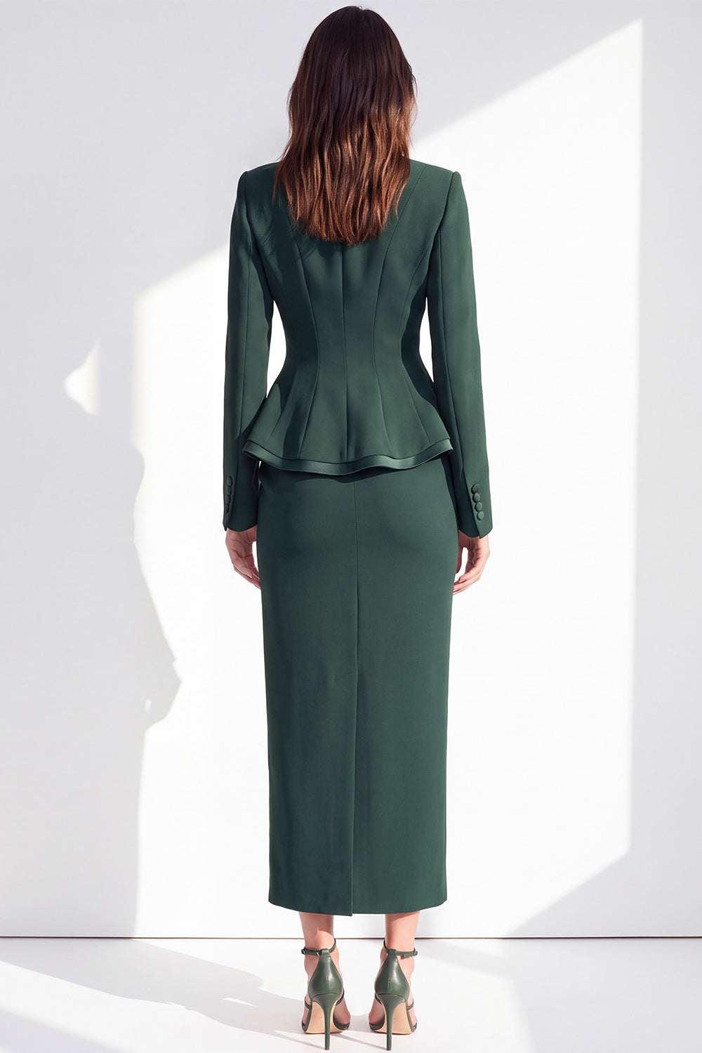 Dark Green 2 Piece Notched Lapel Pencil One Button Ruffled Midi Work Dress with Slit