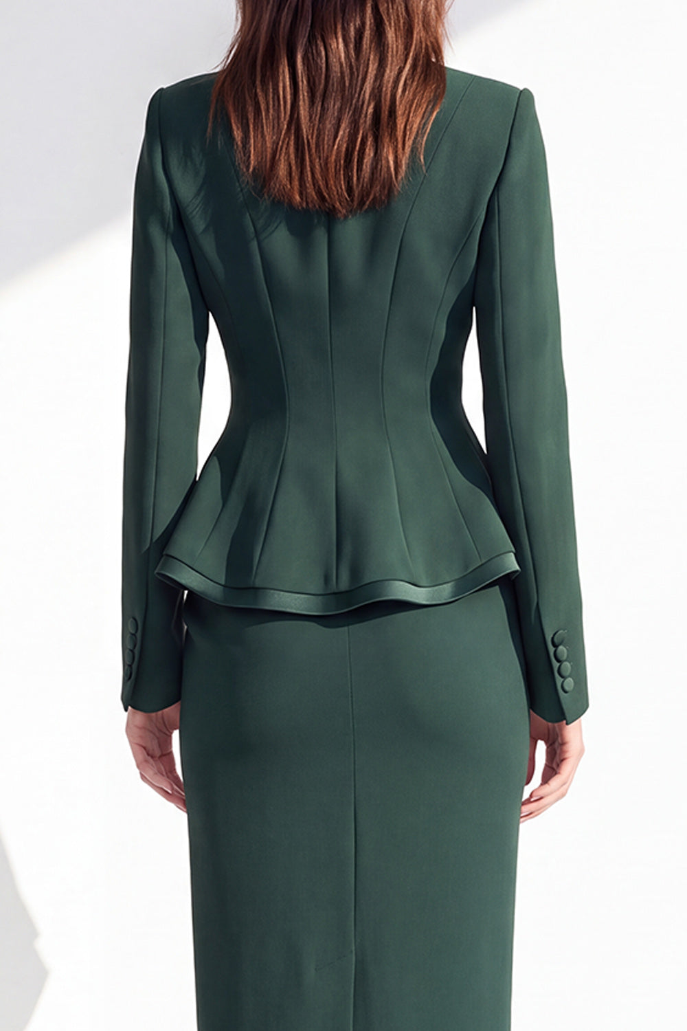 Dark Green 2 Piece Notched Lapel Pencil One Button Ruffled Midi Work Dress with Slit
