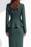Dark Green 2 Piece Notched Lapel Pencil One Button Ruffled Midi Work Dress with Slit