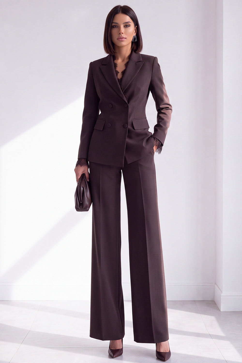 Coffee Peak Lapel 2 Piece Slim Fit Double Breasted Work Suits with Pocket