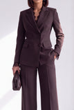Coffee Peak Lapel 2 Piece Slim Fit Double Breasted Work Suits with Pocket