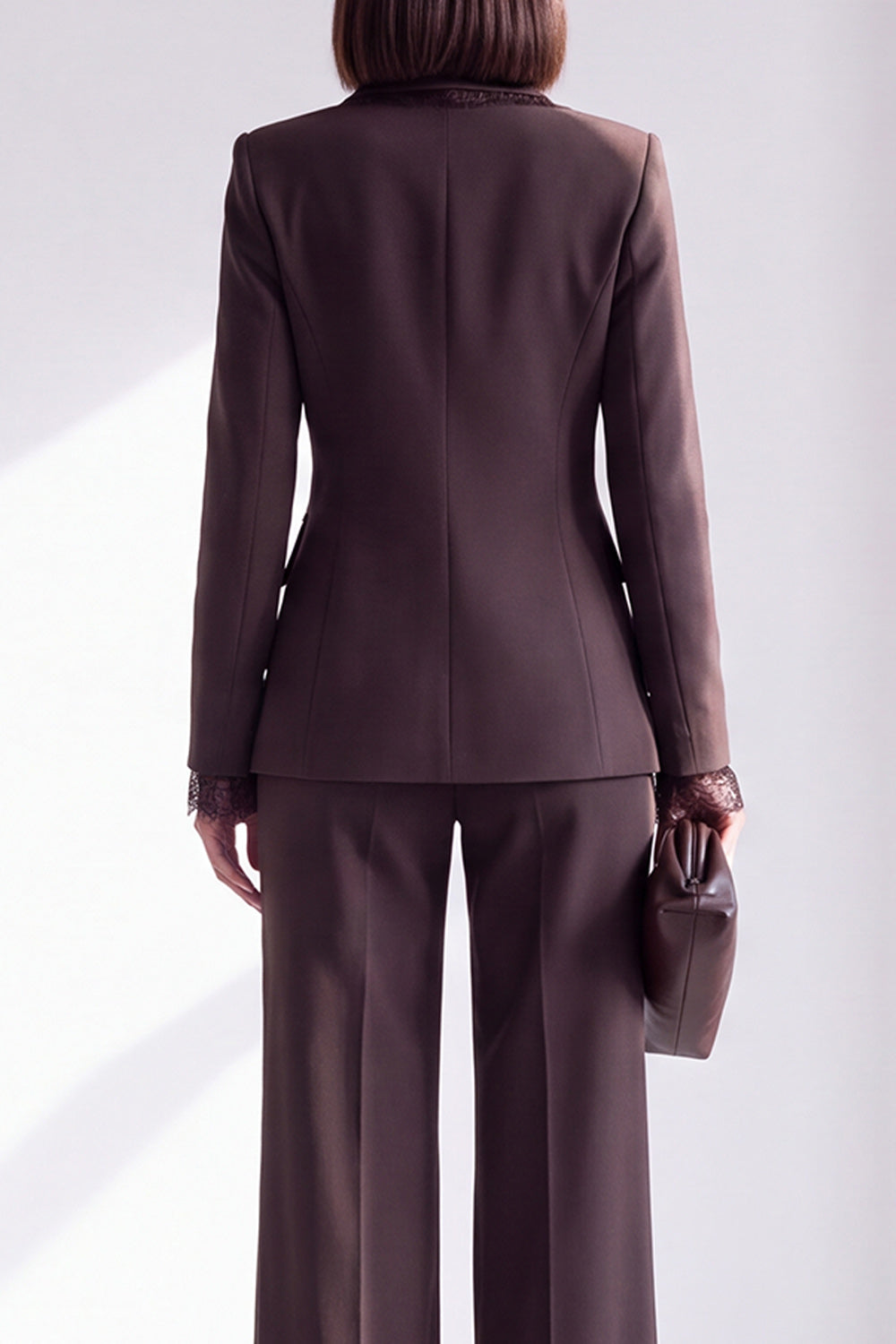 Coffee Peak Lapel 2 Piece Slim Fit Double Breasted Work Suits with Pocket