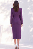 Dark Purple 2 Piece Notched Lapel Pencil Single Breasted Midi Work Dress with Pockets
