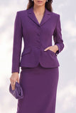 Dark Purple 2 Piece Notched Lapel Pencil Single Breasted Midi Work Dress with Pockets