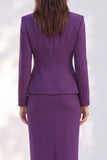 Dark Purple 2 Piece Notched Lapel Pencil Single Breasted Midi Work Dress with Pockets